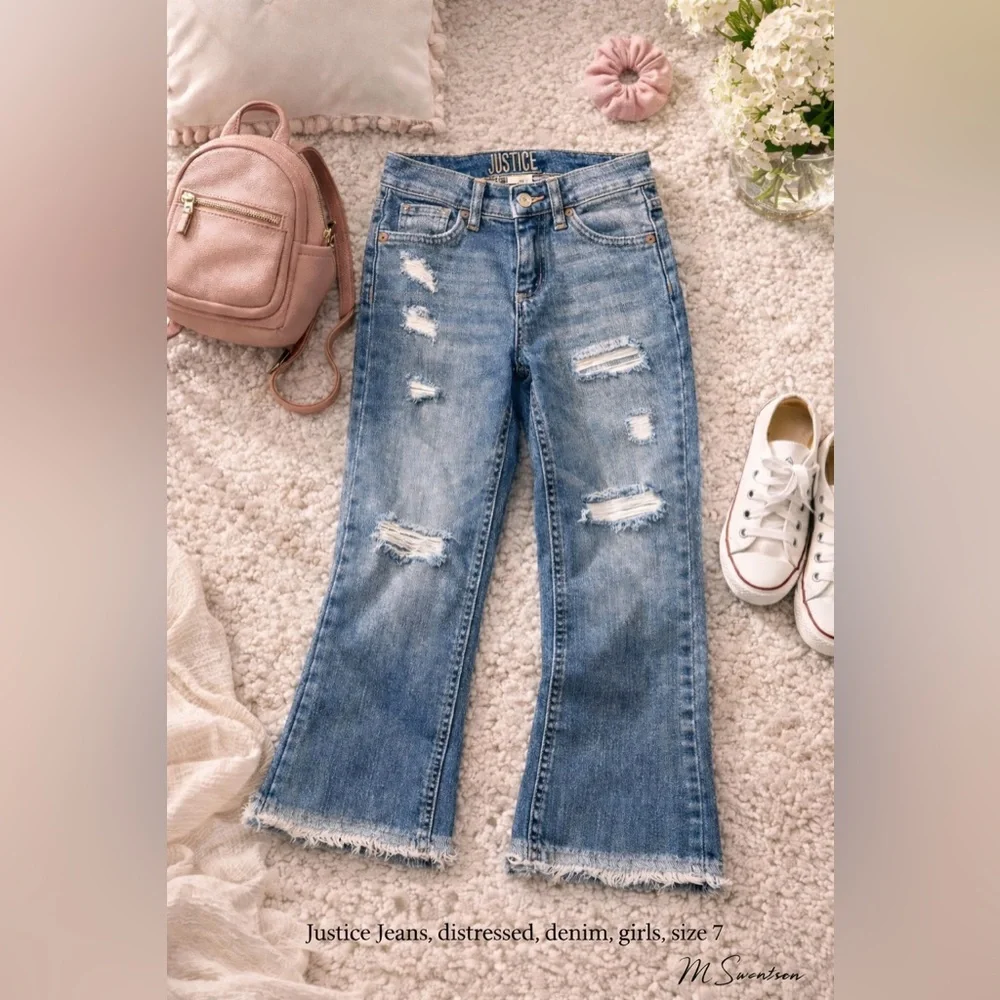 Justice Girls High-Rise Distressed Straight Leg Jeans Frayed Hem Blue Size 7